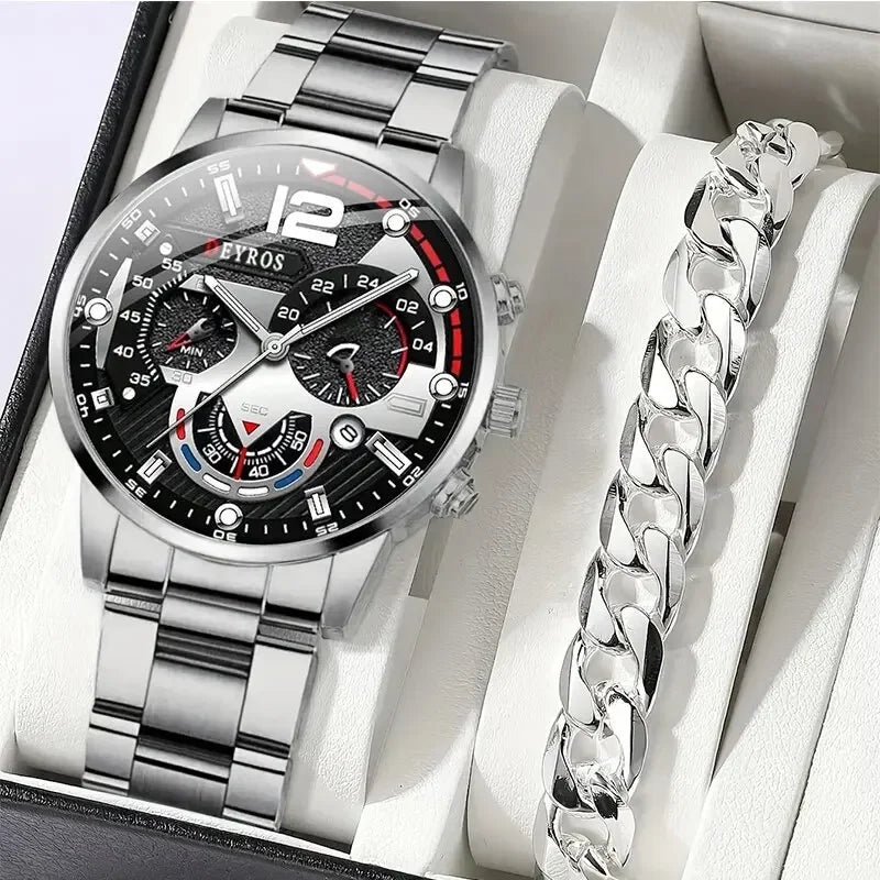 2PCS Men Business Watches Fashion Steel Band Male Analog Quartz Watch Bracelet Set Relogio Masculino Reloj Hombre(Without Box)