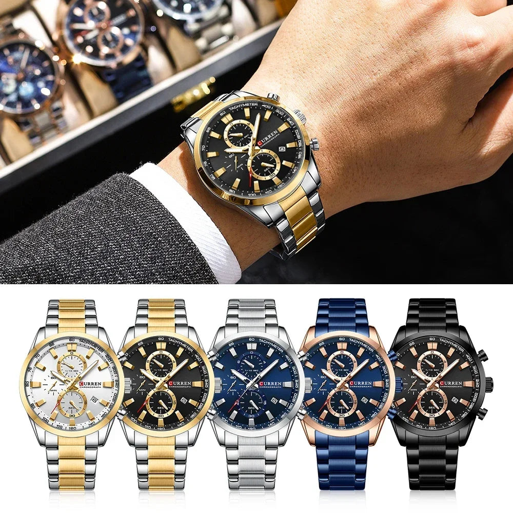 CURREN Casual Quartz Chrono Sport Watches Brands for Men Stainless Steel Bracelet Multifunction Dial 2023 Wristwatch with Date