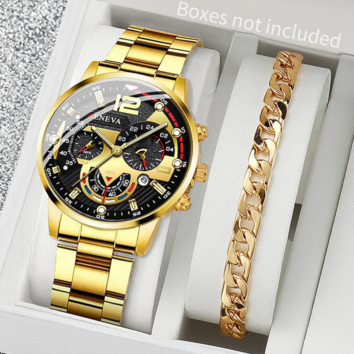 2PCS Men Business Watches Fashion Steel Band Male Analog Quartz Watch Bracelet Set Relogio Masculino Reloj Hombre（Without Box）