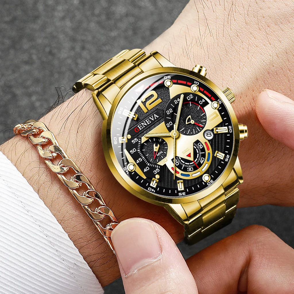 2PCS Men Business Watches Fashion Steel Band Male Analog Quartz Watch Bracelet Set Relogio Masculino Reloj Hombre（Without Box）