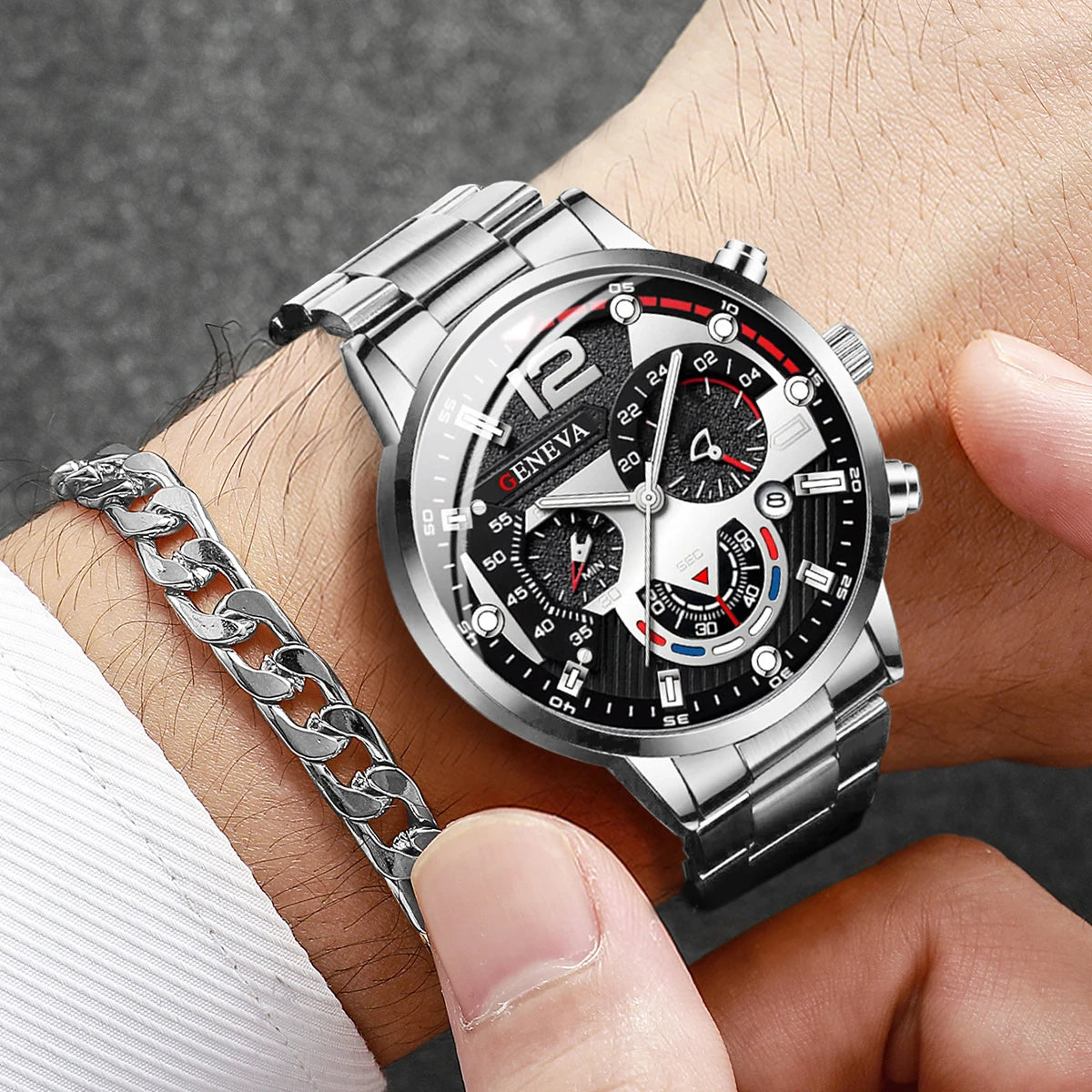 2PCS Men Business Watches Fashion Steel Band Male Analog Quartz Watch Bracelet Set Relogio Masculino Reloj Hombre（Without Box）